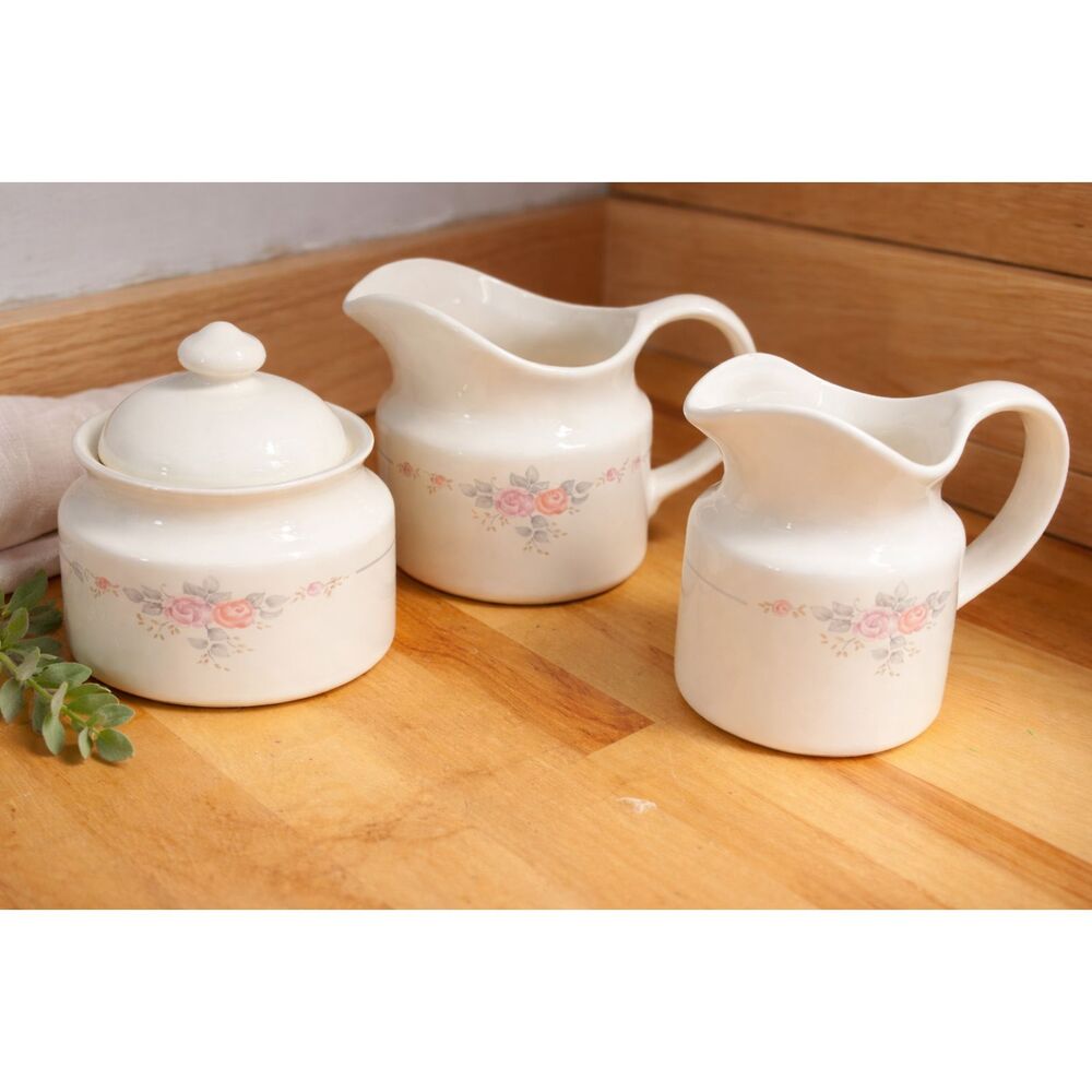 Pfaltzgraff Trousseau Sugar Bowl w Lid Creamer Pitcher & Gravy Boat USA